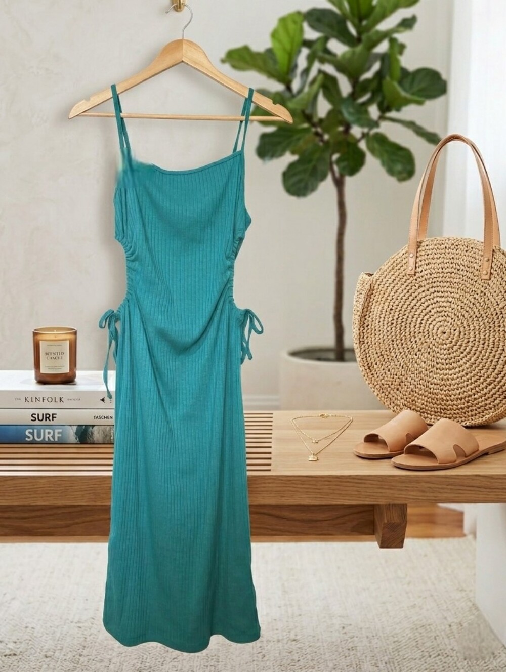 Cupshe Teal Ribbed Midi Dress Ruched Side Tie NWT Medium